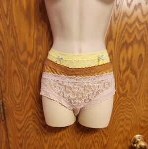 3 Victoria Secret Lace Panties Set in Brown, Pink, and Yellow Sz Med NWT